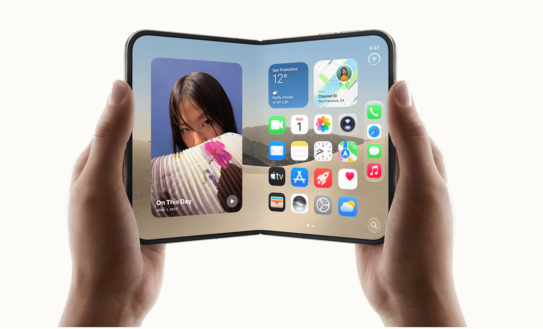 Apple iPhone Duo foldable smartphone held open in both hands